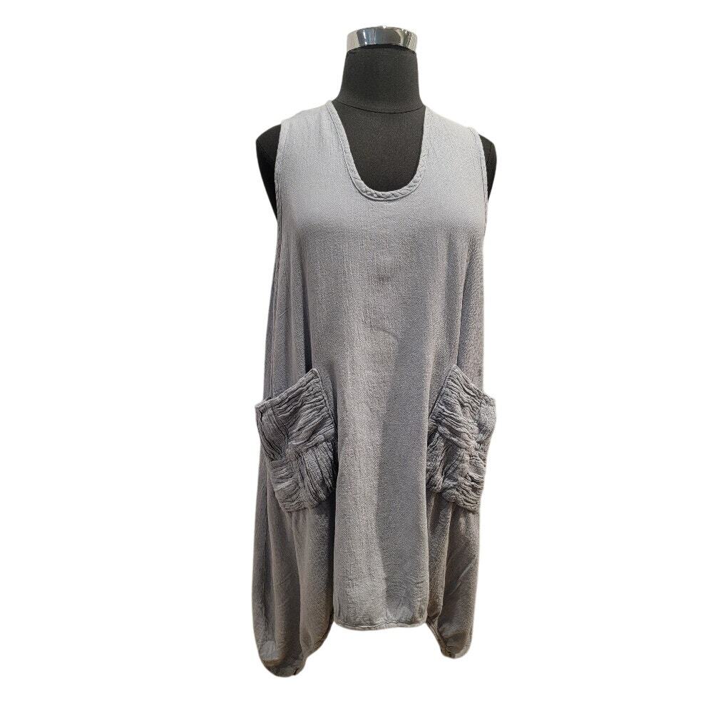 OH MY GAUZE Blue Gray Linen Blend Tunic Sz L Boho‎ Sleeveless Pockets